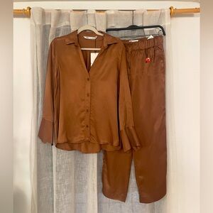 NWT Zara Chic Brown Satin Silk Set